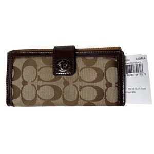 NWT Coach Khaki/Mahogany PRK Signature Multi Case Slim Bifold Turnlock Wallet